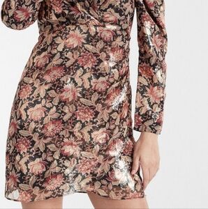 EXPRESS Floral Metallic Gold‎ Puff Sleeve Shoulder Sheath Wrap Dress XL Holiday